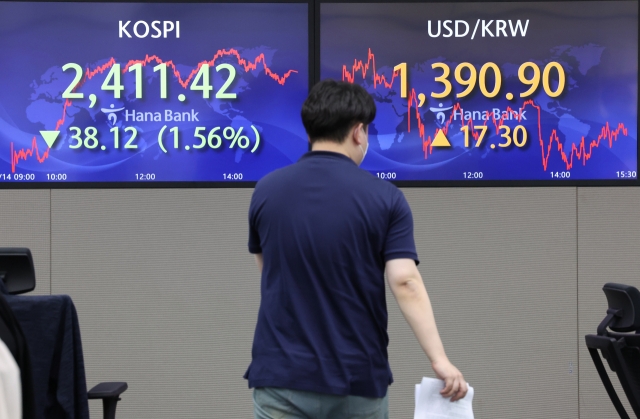 An electronic board showing the Korea Composite Stock Price Index (Kospi) at a dealing room of the Hana Bank headquarters in Seoul on Wednesday. (Yonhap)