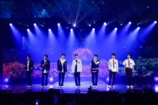 Boy band Enhypen performs during its first world tour, “Manifesto,” in Seoul on Saturday. (Belift Lab)