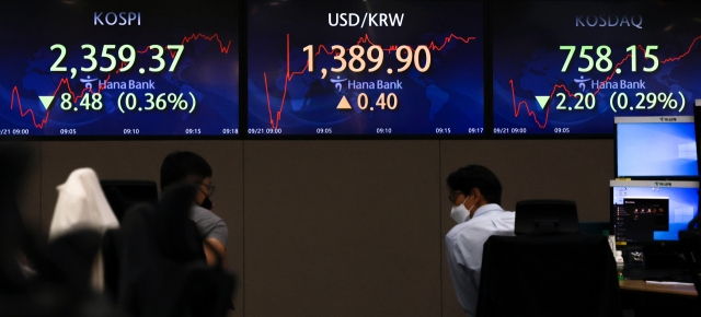 An electronic board showing the Korea Composite Stock Price Index (Kospi) at a dealing room of the Hana Bank headquarters in Seoul on Wednesday. (Yonhap)