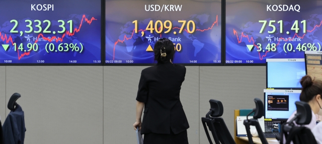 An electronic board showing the Korea Composite Stock Price Index (Kospi) at a dealing room of the Hana Bank headquarters in Seoul on Thursday. (Yonhap)