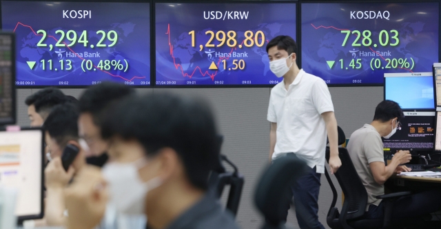 An electronic board showing the Korea Composite Stock Price Index (Kospi) at a dealing room of the Hana Bank headquarters in Seoul on Monday. (Yonhap)