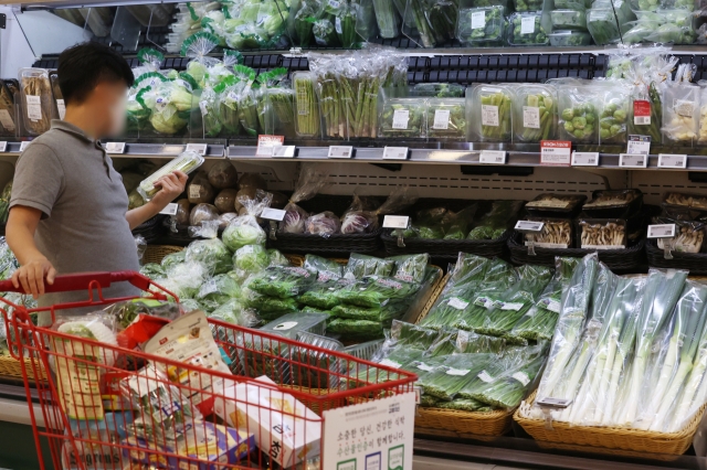 This photo, taken last Friday, shows a citizen shopping for groceries at a discount store chain in Seoul. (Yonhap)