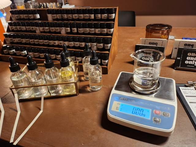 Bottles of perfume fragrances are displayed at the perfume workshop room of Hippocampus, located in Seongdong-gu, Seoul, Monday. (Lee Jung-youn/The Korea Herald)