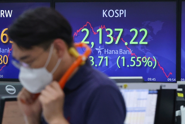 An electronic board showing the Korea Composite Stock Price Index (Kospi) at a dealing room of the Hana Bank headquarters in Seoul on Friday. (Yonhap)