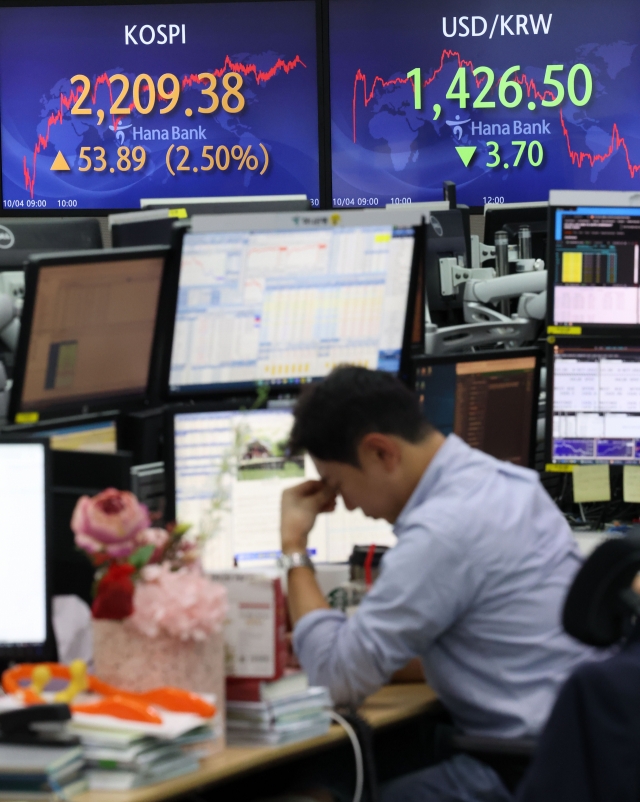 An electronic board showing the Korea Composite Stock Price Index (Kospi) at a dealing room of the Hana Bank headquarters in Seoul on Tuesday. (Yonhap)