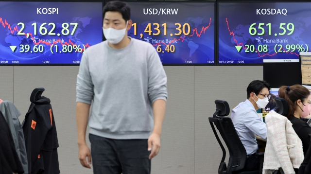 An electronic board showing the Korea Composite Stock Price Index (Kospi) at a dealing room of the Hana Bank headquarters in Seoul on Thursday. (Yonhap)