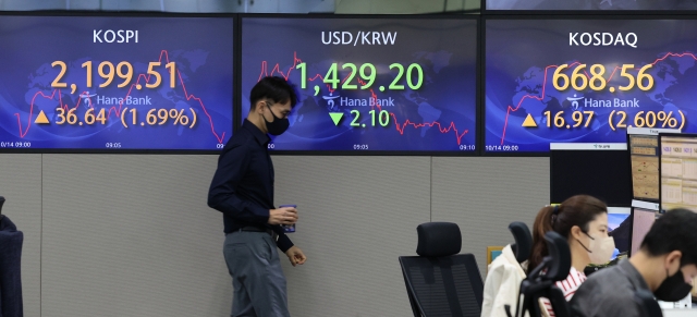 An electronic board showing the Korea Composite Stock Price Index (Kospi) at a dealing room of the Hana Bank headquarters in Seoul on Friday. (Yonhap)