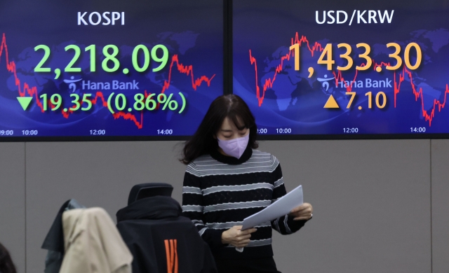 An electronic board showing the Korea Composite Stock Price Index (Kospi) at a dealing room of the Hana Bank headquarters in Seoul on Thursday. (Yonhap)