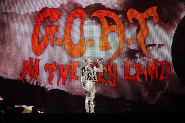 SHINee’s Key performs during his solo concert, “G.O.A.T. (Greatest Of All Time) In The Keyland,” at Jangchung Arena in central Seoul on Saturday. (SM Entertainment)