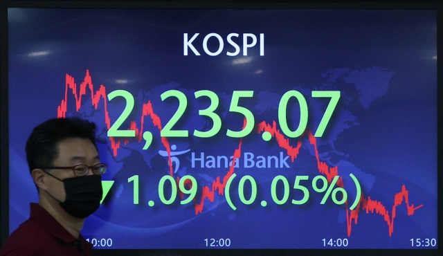 An electronic board showing the Korea Composite Stock Price Index at a dealing room of the Hana Bank headquarters in Seoul on Wednesday. (Yonhap)