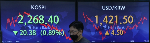 An electronic board showing the Korea Composite Stock Price Index (Kospi) at a dealing room of the Hana Bank headquarters in Seoul on Friday. (Yonhap)