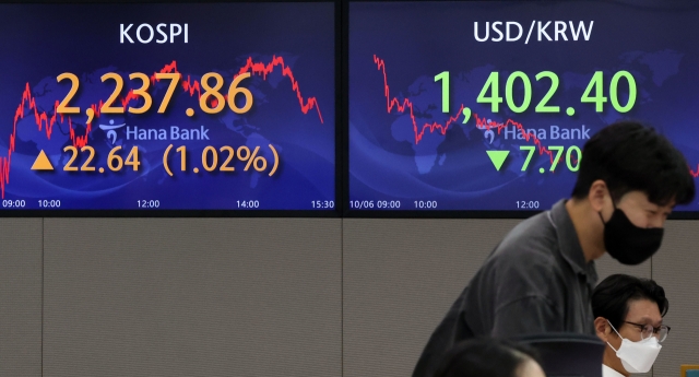 An electronic board showing the Korea Composite Stock Price Index at a dealing room of the Hana Bank headquarters in Seoul on Monday. (Yonhap)