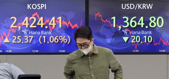 An electronic board showing the Korea Composite Stock Price Index at a dealing room of the Hana Bank headquarters in Seoul on Wednesday. (Yonhap)