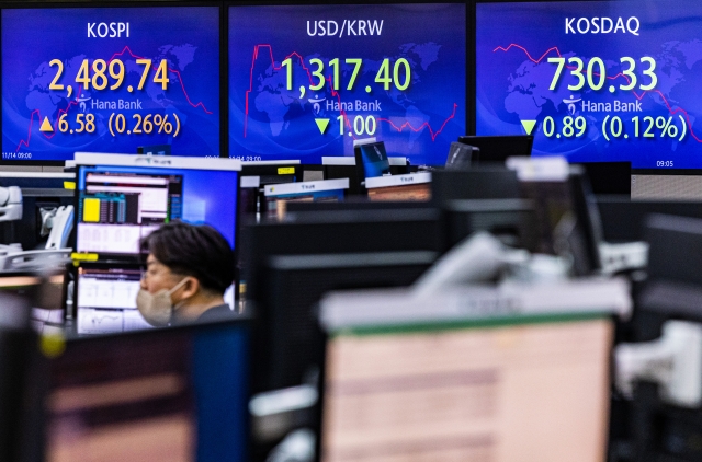 An electronic board showing the Korea Composite Stock Price Index at a dealing room of the Hana Bank headquarters in Seoul on Monday. (Yonhap)