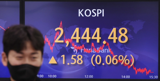 An electronic board showing the Korea Composite Stock Price Index at a dealing room of the Hana Bank headquarters in Seoul on Friday. (Yonhap)