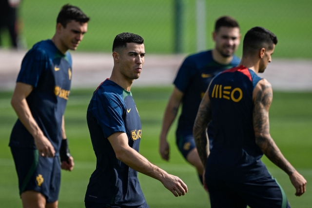 The Portugal national team trains at Shahaniya Sports Club in Al Samriya, northwest of Doha, Qatar, on Sunday, ahead of the FIFA World Cup Qatar 2022. (AFP-Yonhap)