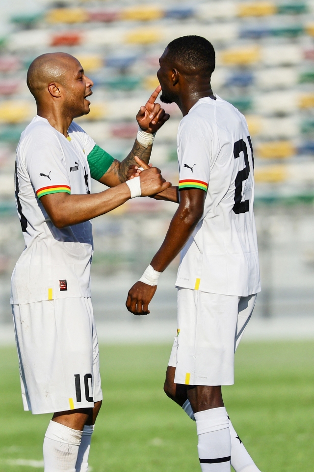 Ghana players celebrate a goal during a friendly soccer match against Switzerland in Abu Dhabi of the United Arab Emirates on Thursday. (AFP-Yonhap)