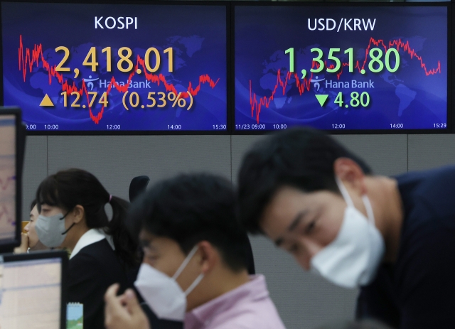 An electronic board showing the Korea Composite Stock Price Index at a dealing room of the Hana Bank headquarters in Seoul on Wednesday. (Yonhap)