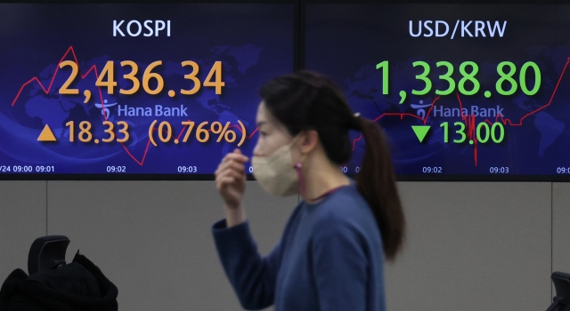 An electronic board showing the Korea Composite Stock Price Index at a dealing room of the Hana Bank headquarters in Seoul on Thursday. (Yonhap)