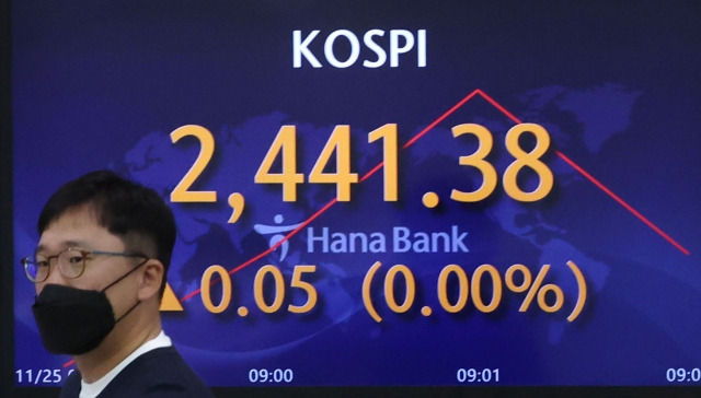 An electronic board showing the Korea Composite Stock Price Index at a dealing room of the Hana Bank headquarters in Seoul on Friday. (Yonhap)