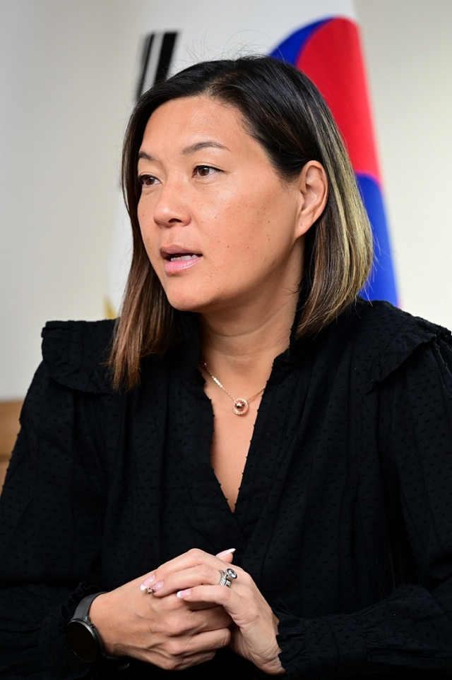 Karin Jensen, a Korean-born Swedish police officer, poses during an interview with The Korea Herald. (Park Hae-mook/The Korea Herald)