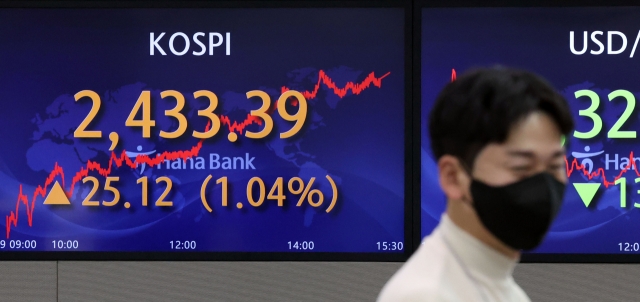 An electronic board showing the Korea Composite Stock Price Index at a dealing room of the Hana Bank headquarters in Seoul on Tuesday. (Yonhap)