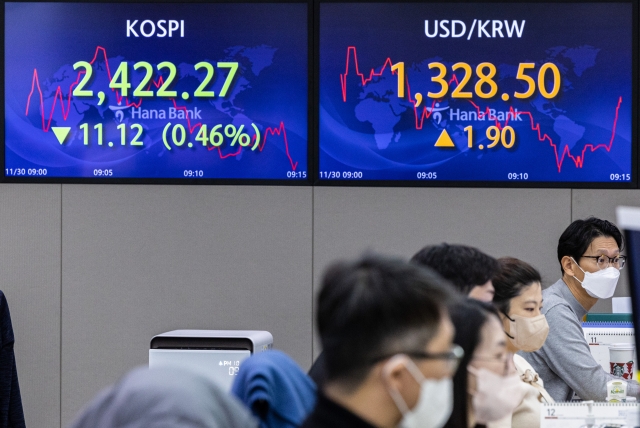 An electronic board showing the Korea Composite Stock Price Index at a dealing room of the Hana Bank headquarters in Seoul on Wednesday. (Yonhap)