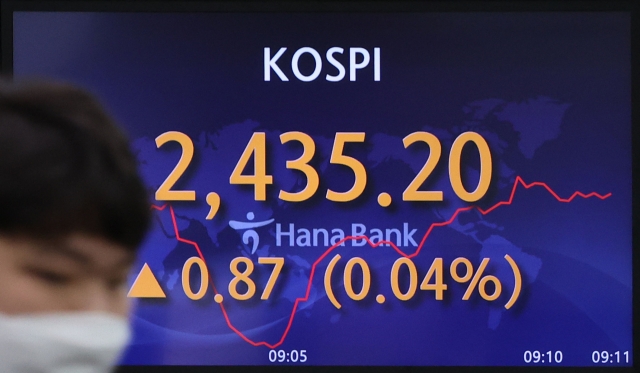 An electronic board showing the Korea Composite Stock Price Index at a dealing room of the Hana Bank headquarters in Seoul on Monday. (Yonhap)