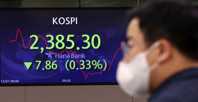 An electronic board showing the Korea Composite Stock Price Index at a dealing room of the Hana Bank headquarters in Seoul on Wednesday. (Yonhap)