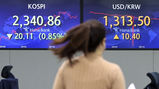 An electronic board showing the Korea Composite Stock Price Index at a dealing room of the Hana Bank headquarters in Seoul on Friday. (Yonhap)