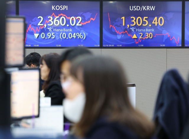 An electronic board showing the Korea Composite Stock Price Index at a dealing room of the Hana Bank headquarters in Seoul on Friday. (Yonhap)