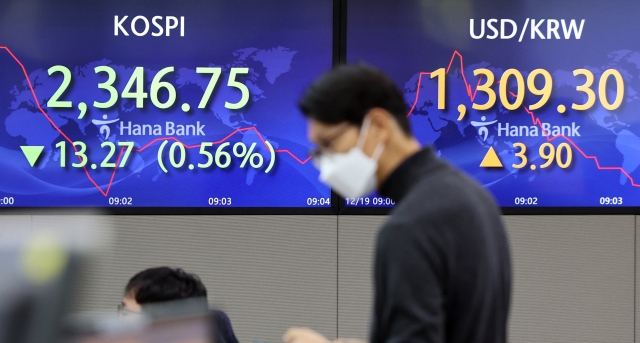 An electronic board showing the Korea Composite Stock Price Index at a dealing room of the Hana Bank headquarters in Seoul on Monday. (Yonhap)