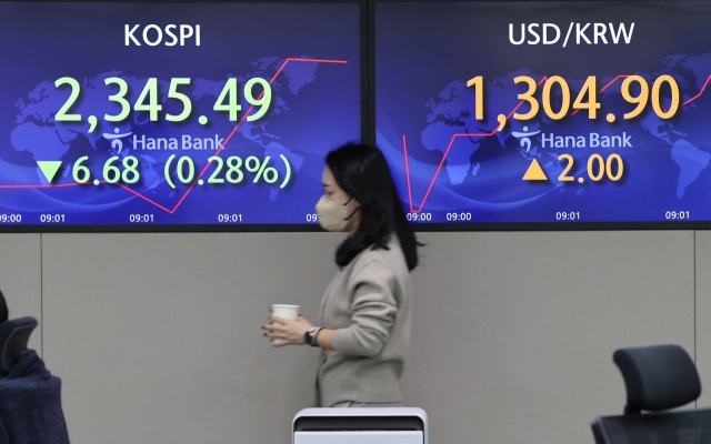 An electronic board showing the Korea Composite Stock Price Index at a dealing room of the Hana Bank headquarters in Seoul on Tuesday. (Yonhap)