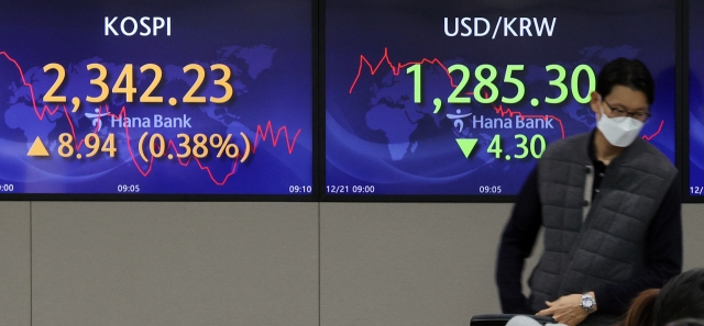 An electronic board showing the Korea Composite Stock Price Index at a dealing room of the Hana Bank headquarters in Seoul on Wednesday. (Yonhap)