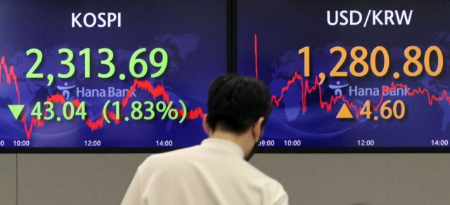 An electronic board showing the Korea Composite Stock Price Index at a dealing room of the Hana Bank headquarters in Seoul on Friday. (Yonhap)