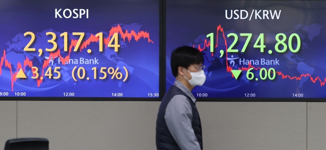 An electronic board showing the Korea Composite Stock Price Index at a dealing room of the Hana Bank headquarters in Seoul on Monday. (Yonhap)