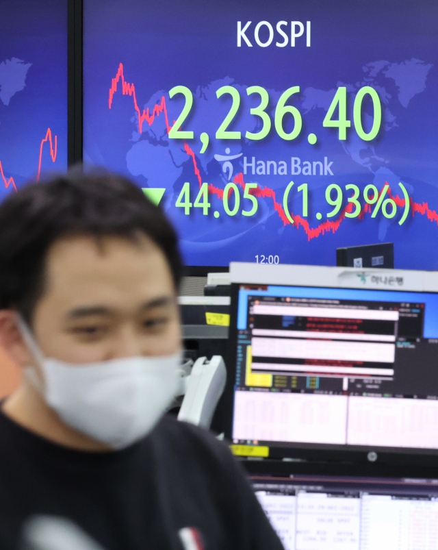 An electronic board showing the Korea Composite Stock Price Index at a dealing room of the Hana Bank headquarters in Seoul on Thursday. (Yonhap)