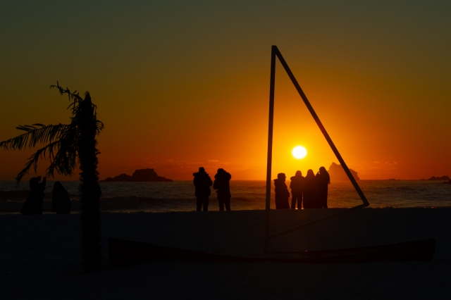 Visitors observe the sunrise at Bongsudae Beach in Goseong, Gangwon Province, on Jan. 1, 2021. (Goseong-gun Office)