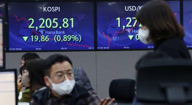 An electronic board showing the Korea Composite Stock Price Index at a dealing room of the Hana Bank headquarters in Seoul on Tuesday. (Yonhap)