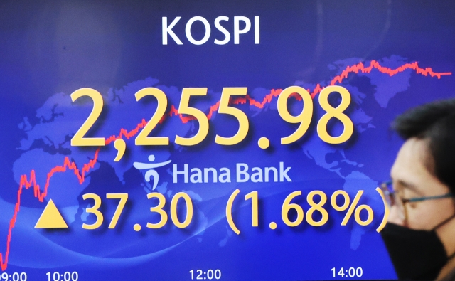 An electronic board showing the Korea Composite Stock Price Index at a dealing room of the Hana Bank headquarters in Seoul on Wednesday. (Yonhap)