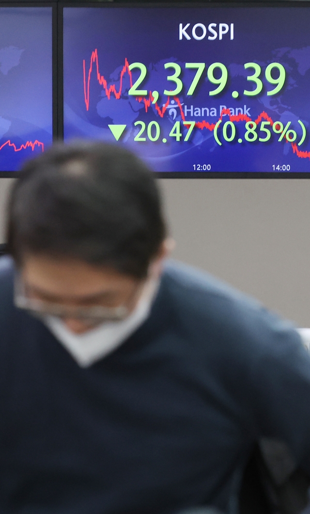 An electronic board showing the Korea Composite Stock Price Index at a dealing room of the Hana Bank headquarters in Seoul on Tuesday. (Yonhap)