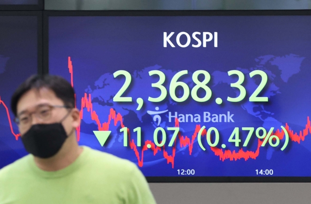 An electronic board showing the Korea Composite Stock Price Index at a dealing room of the Hana Bank headquarters in Seoul on Wednesday. (Yonhap)