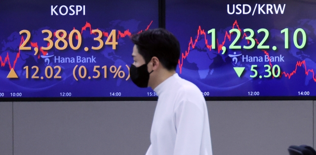 An electronic board showing the Korea Composite Stock Price Index at a dealing room of the Hana Bank headquarters in Seoul on Thursday. (Yonhap)