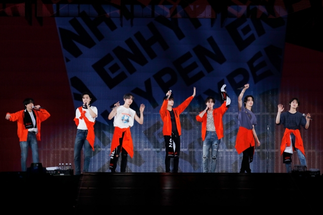 Enhypen acknowledges the audience at Kyocera Dome in Osaka, Japan, Saturday. (Belift Lab)