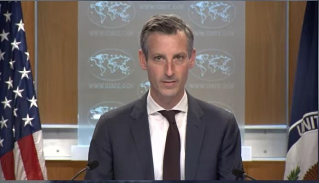 US Department of State Press Secretary Ned Price is seen speaking during a daily press briefing at the department in Washington on Monday in this captured image. (White House)