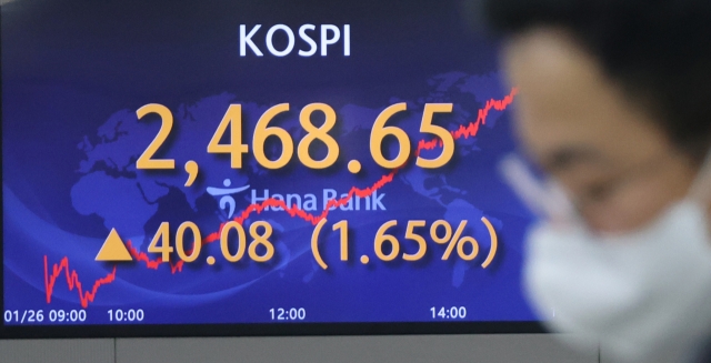 An electronic board showing the Korea Composite Stock Price Index at a dealing room of the Hana Bank headquarters in Seoul on Thursday. (Yonhap)