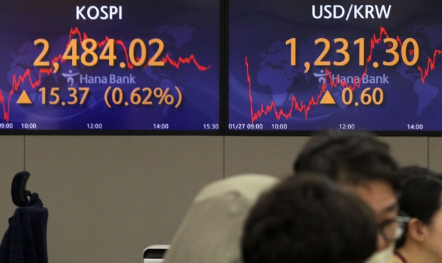 An electronic board showing the Korea Composite Stock Price Index at a dealing room of the Hana Bank headquarters in Seoul on Friday. (Yonhap)