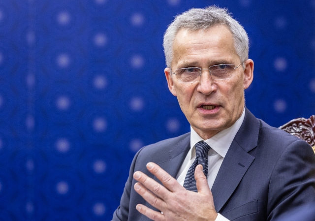 This photo, taken Sunday, shows North Atlantic Treaty Organization Secretary General Jens Stoltenberg speaking in a meeting with South Korean Foreign Minister Park Jin at Seoul's foreign ministry. (Yonhap)