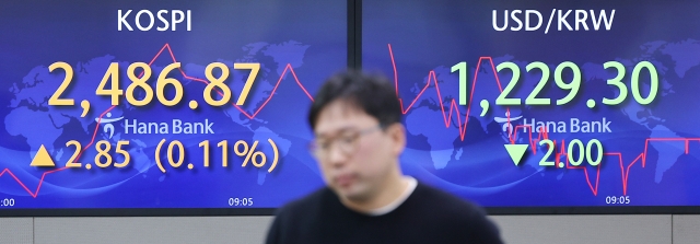 An electronic board showing the Korea Composite Stock Price Index at a dealing room of the Hana Bank headquarters in Seoul on Monday. (Yonhap)