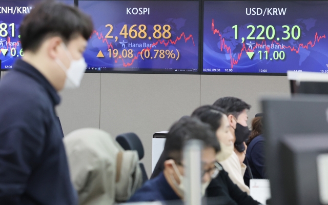 An electronic board showing the Korea Composite Stock Price Index at a dealing room of the Hana Bank headquarters in Seoul on Thursday. (Yonhap)